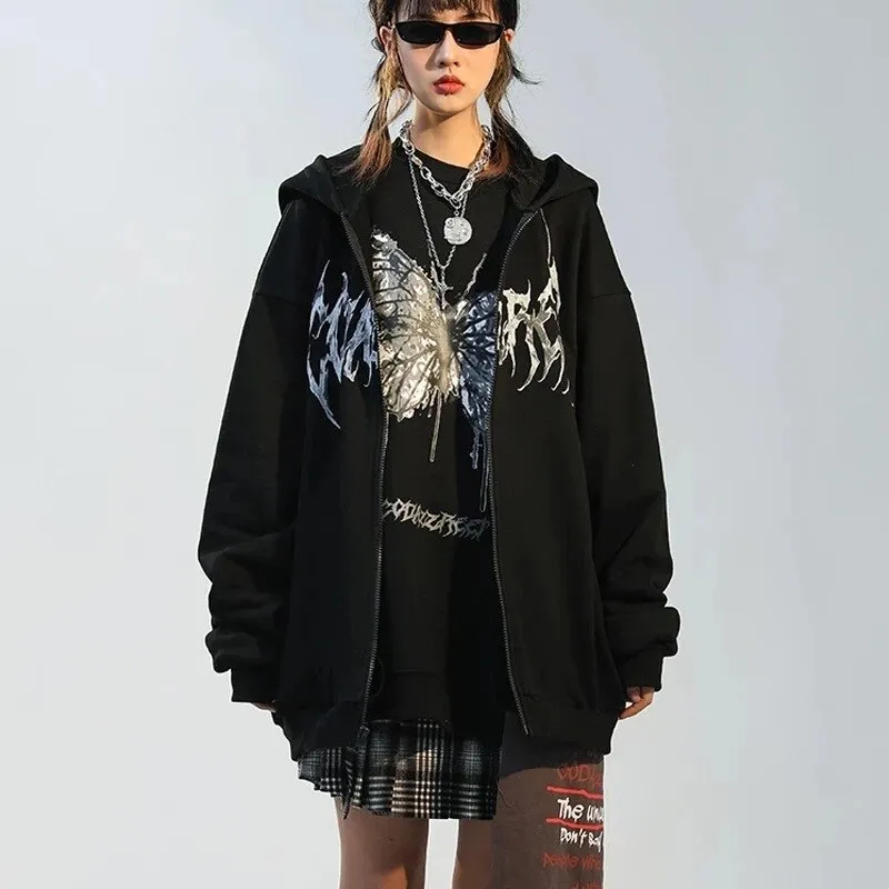 Fashionkova  Women Rhinestone Skeleton Hoodies Autumn Gothic Black Zip Up Oversized Sweatshirts Female Harajuku Skulls Jacket Coat Streetwear