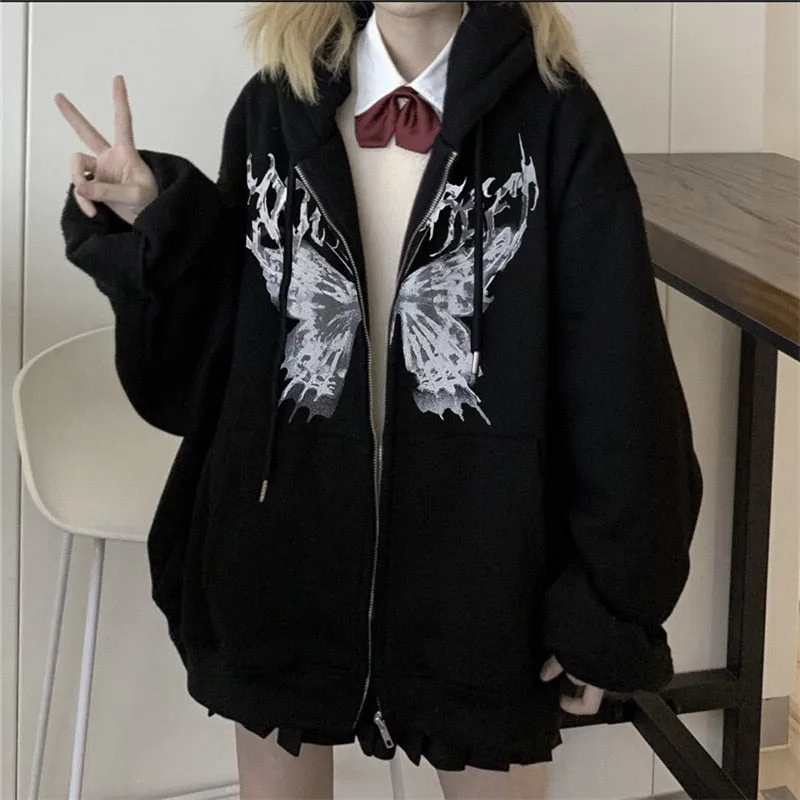 Fashionkova  Women Rhinestone Skeleton Hoodies Autumn Gothic Black Zip Up Oversized Sweatshirts Female Harajuku Skulls Jacket Coat Streetwear