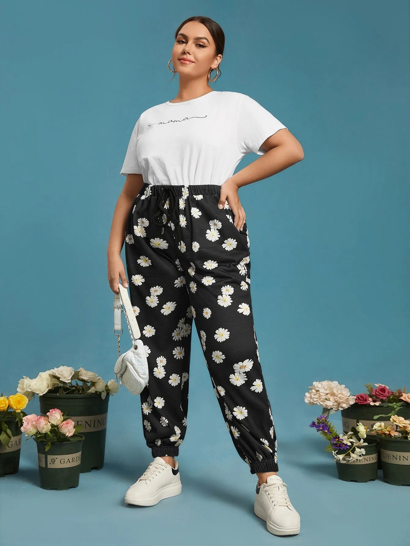 Floral Drawstring High Waist Long Plus Size Sweatpants