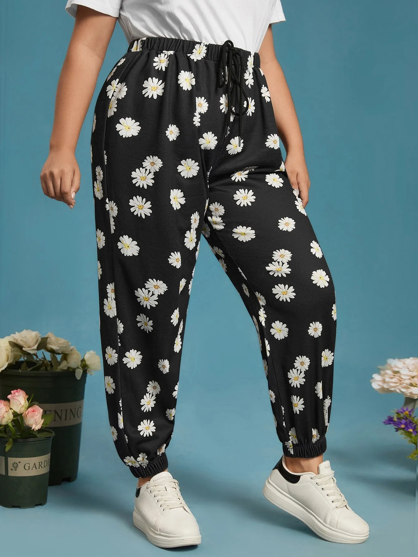 Floral Drawstring High Waist Long Plus Size Sweatpants