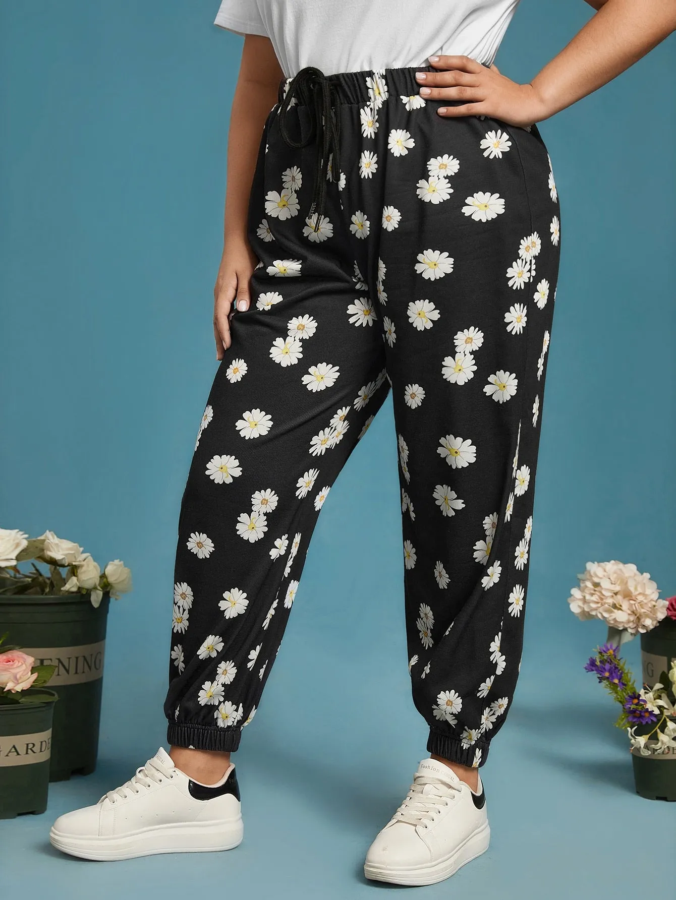 Floral Drawstring High Waist Long Plus Size Sweatpants