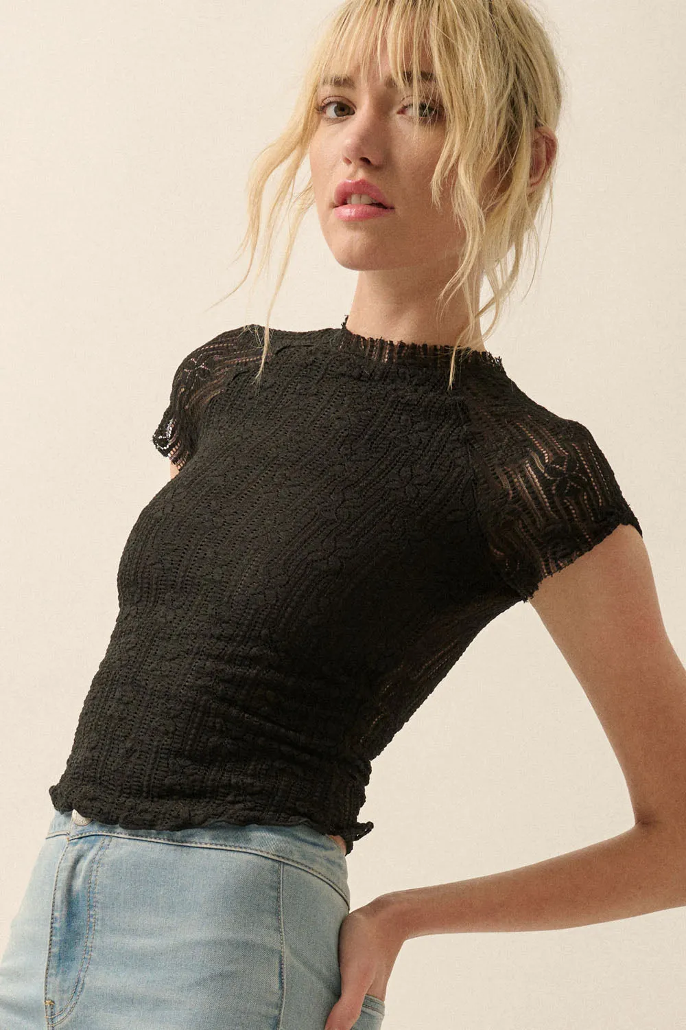 Floral Lace Crew Neck Knit Top