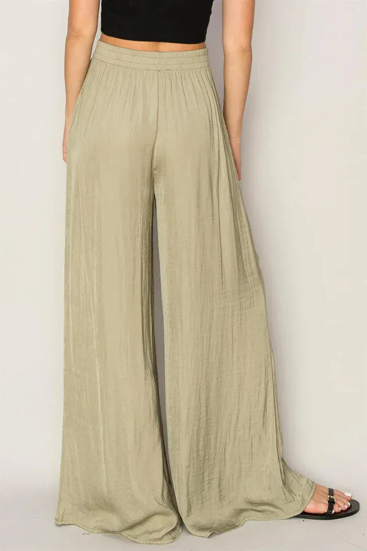 FLOWY WASHED SATIN WIDE-LEG PANTS