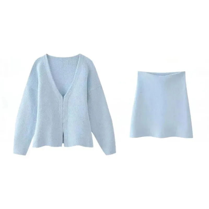 Girlary Knit Mini Chic Skirt Sets Women 2 Pieces Knit Coat Jacket Women Sweater Suits Two Piece Set Outfit Streetwear Clothing