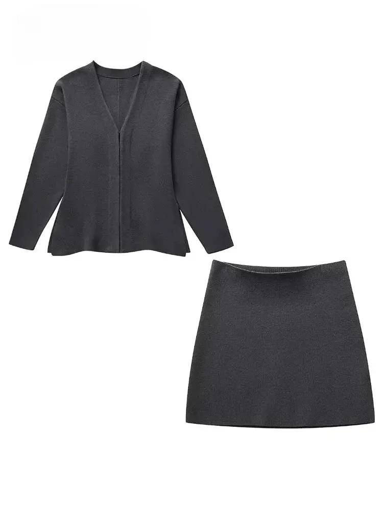 Girlary Knit Mini Chic Skirt Sets Women 2 Pieces Knit Coat Jacket Women Sweater Suits Two Piece Set Outfit Streetwear Clothing