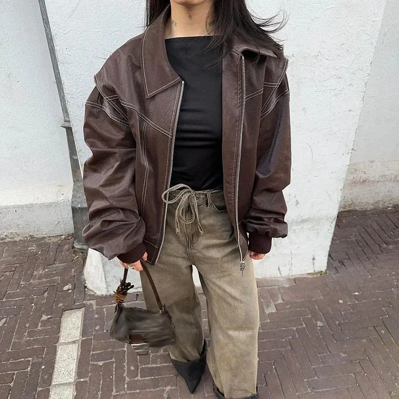 Girlary Street Spliced Leather Jacket for Women Lapel Zipper Pockets Long Sleeve Loose Wine Red Coat 2024 Autumn Lady New Y2K Streetwear