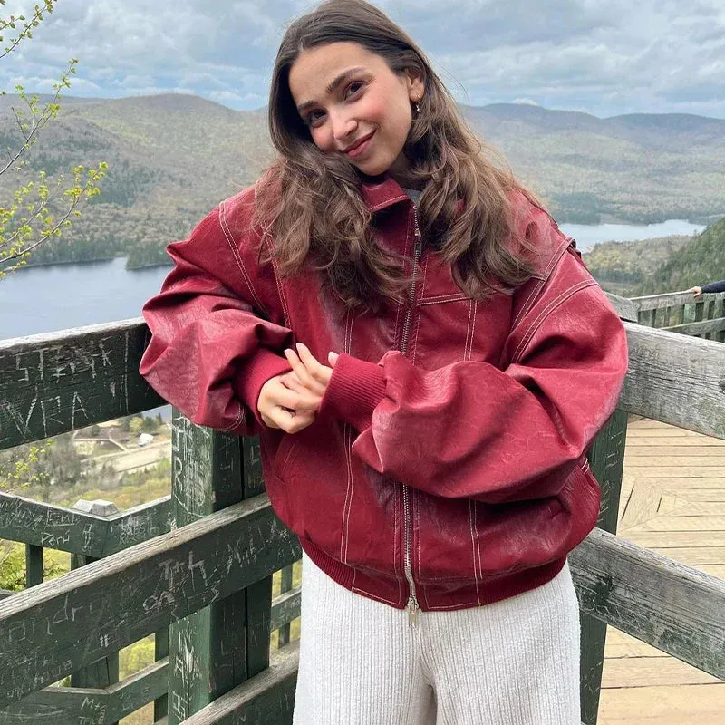 Girlary Street Spliced Leather Jacket for Women Lapel Zipper Pockets Long Sleeve Loose Wine Red Coat 2024 Autumn Lady New Y2K Streetwear