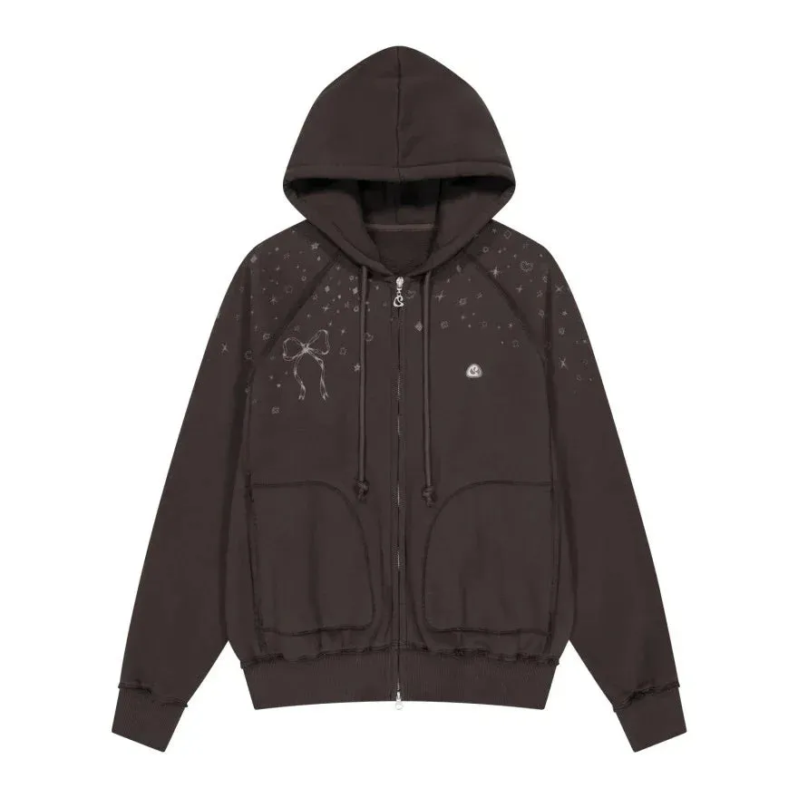 Girlary Streetwear Hoodies Coat 2024 Women Clothing Hooded Zipper Bow Print Sweet Jackets Y2k Tops Casual Fashion Sweatshirts Ropa Mujer