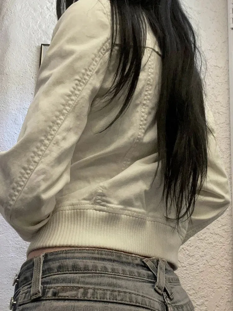 Girlary Vintage Cropped Jackets for Women Harajuku Casual Slim Fit Zipper Coat Y2K Streetwear Long Sleeve Outerwear Autumn