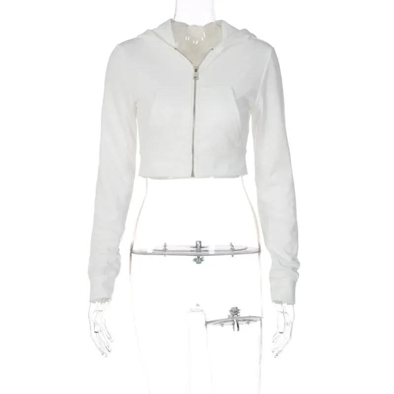 Girlary Zipper Hooded Slim Crop Jacket Women Top White Long Sleeve Patchwork Pockets Casual Coat Hottie Y2K Outfit Streetwear