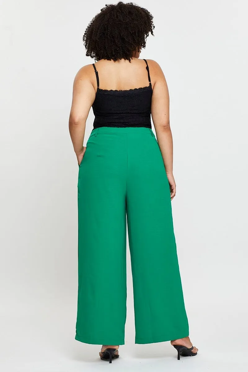 Green Wide Leg Pants High Waist Waist Tie