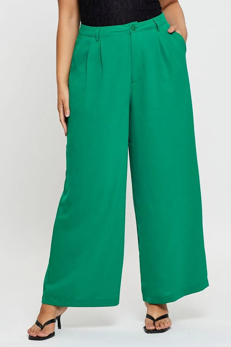 Green Wide Leg Pants High Waist Waist Tie