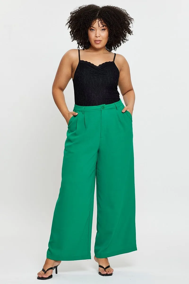 Green Wide Leg Pants High Waist Waist Tie