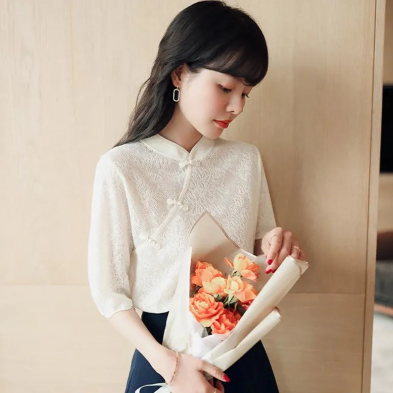 Half Sleeve Floral Lace Cheongsam Top Chinese Style Knit Shirt