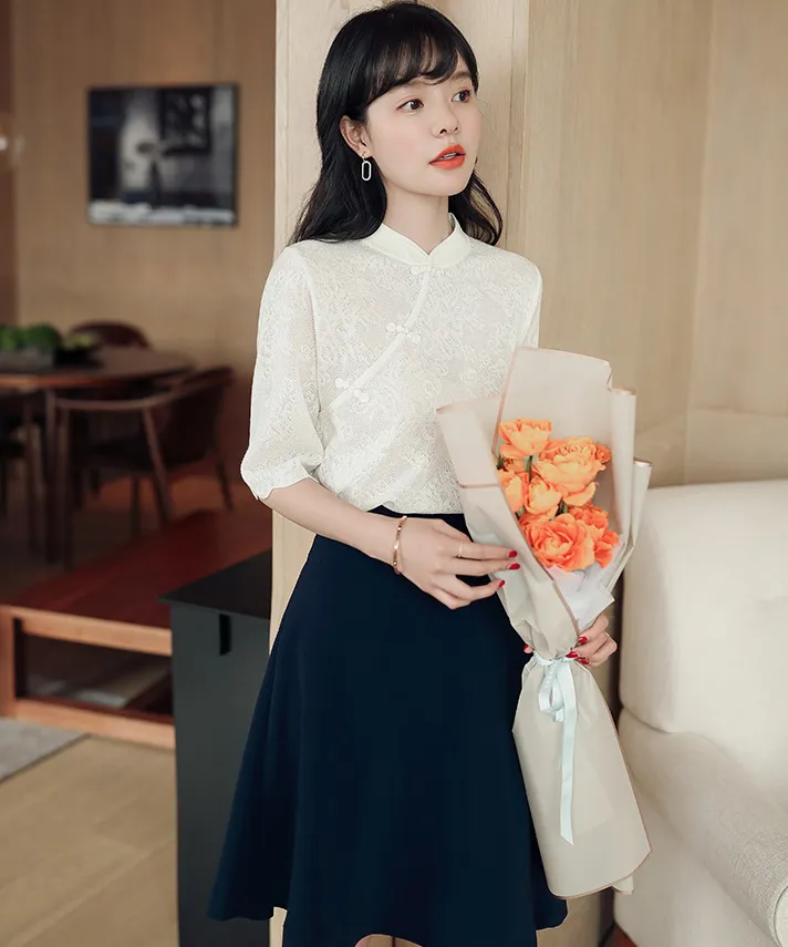 Half Sleeve Floral Lace Cheongsam Top Chinese Style Knit Shirt