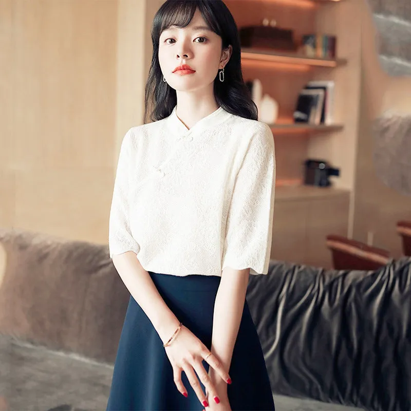 Half Sleeve Floral Lace Cheongsam Top Chinese Style Knit Shirt