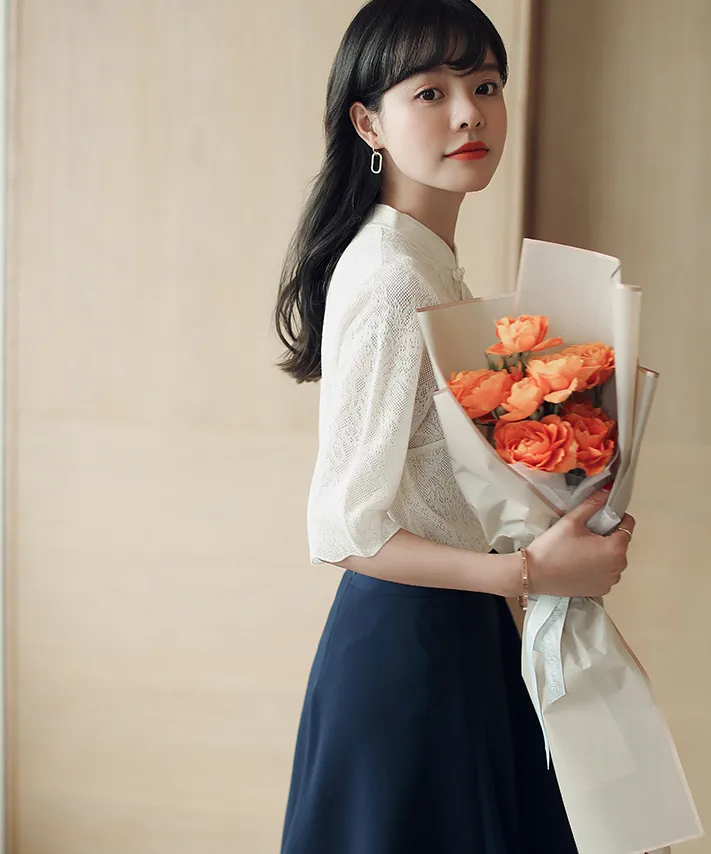 Half Sleeve Floral Lace Cheongsam Top Chinese Style Knit Shirt