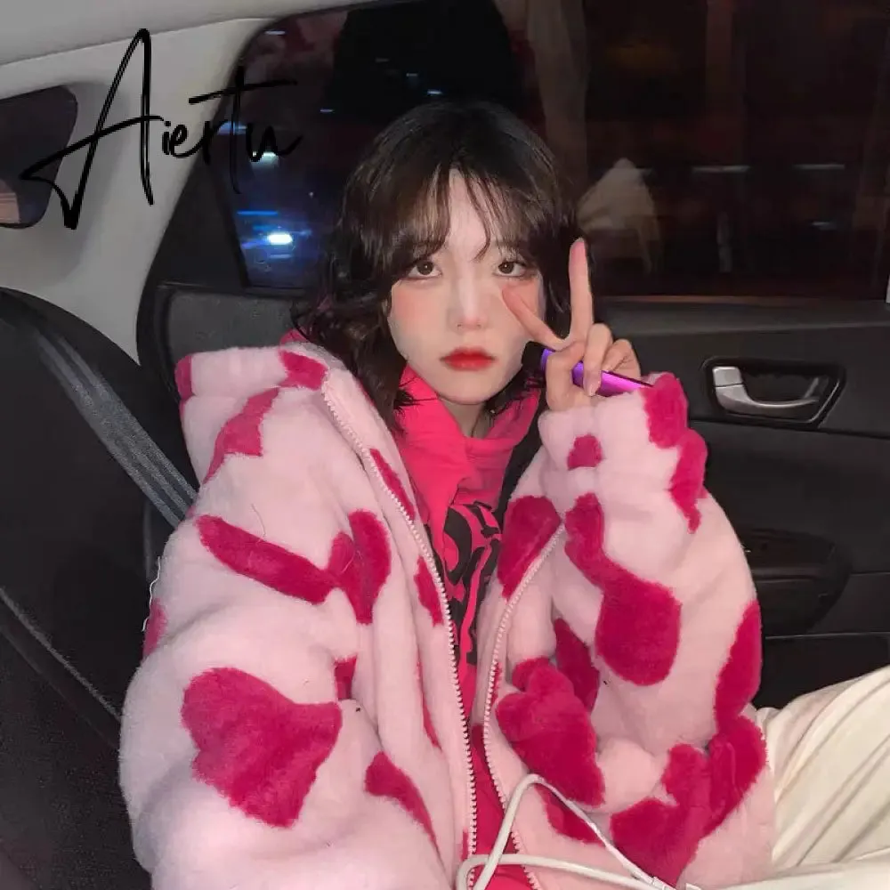 Harajuku Heart-shaped Print Plush Jacket Women Winter Korean Long Sleeve Hooded Coat Thick Warm Couple Streetwear Outerwear