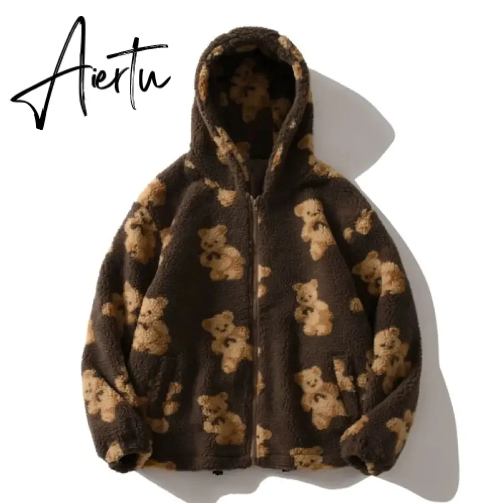 Harajuku Heart-shaped Print Plush Jacket Women Winter Korean Long Sleeve Hooded Coat Thick Warm Couple Streetwear Outerwear