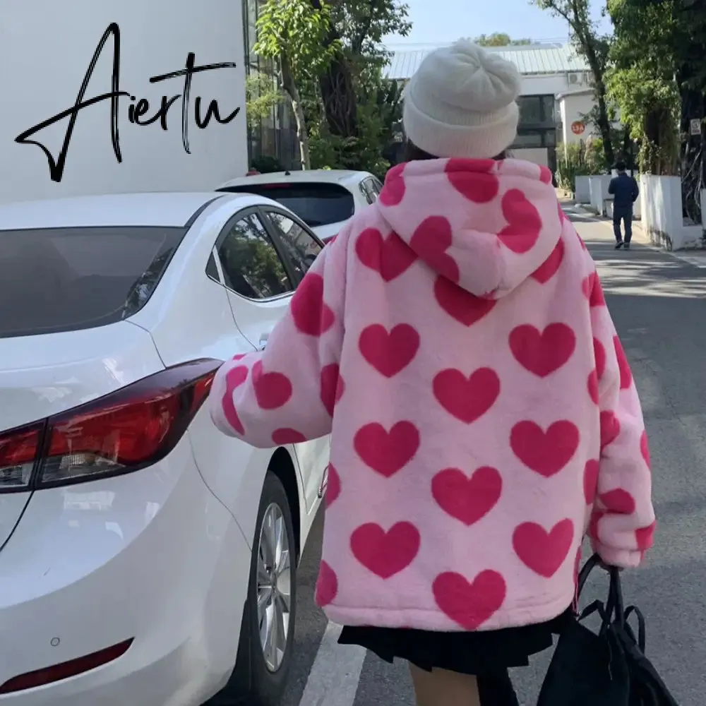 Harajuku Heart-shaped Print Plush Jacket Women Winter Korean Long Sleeve Hooded Coat Thick Warm Couple Streetwear Outerwear