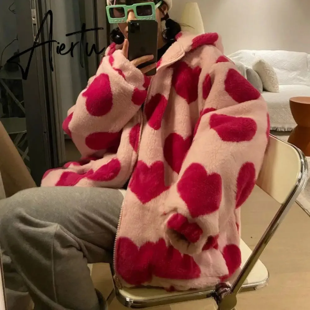 Harajuku Heart-shaped Print Plush Jacket Women Winter Korean Long Sleeve Hooded Coat Thick Warm Couple Streetwear Outerwear