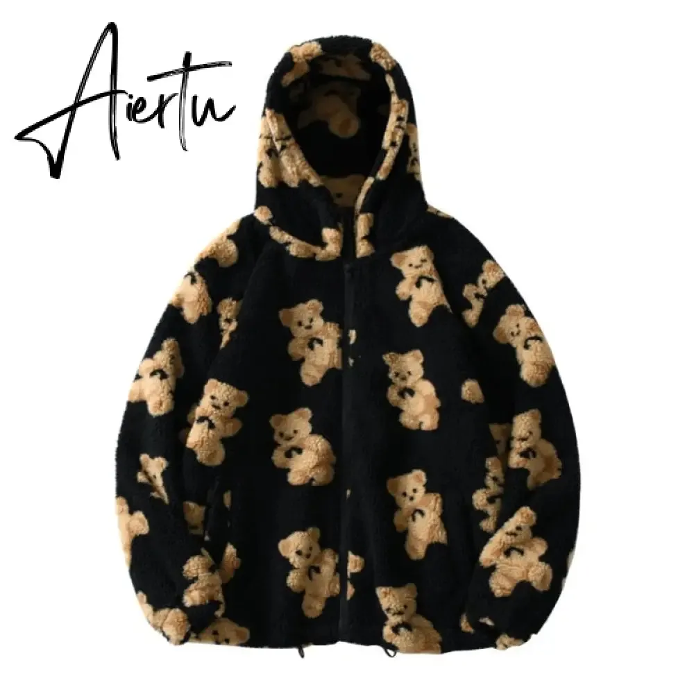 Harajuku Heart-shaped Print Plush Jacket Women Winter Korean Long Sleeve Hooded Coat Thick Warm Couple Streetwear Outerwear