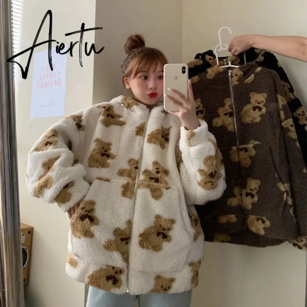 Harajuku Heart-shaped Print Plush Jacket Women Winter Korean Long Sleeve Hooded Coat Thick Warm Couple Streetwear Outerwear