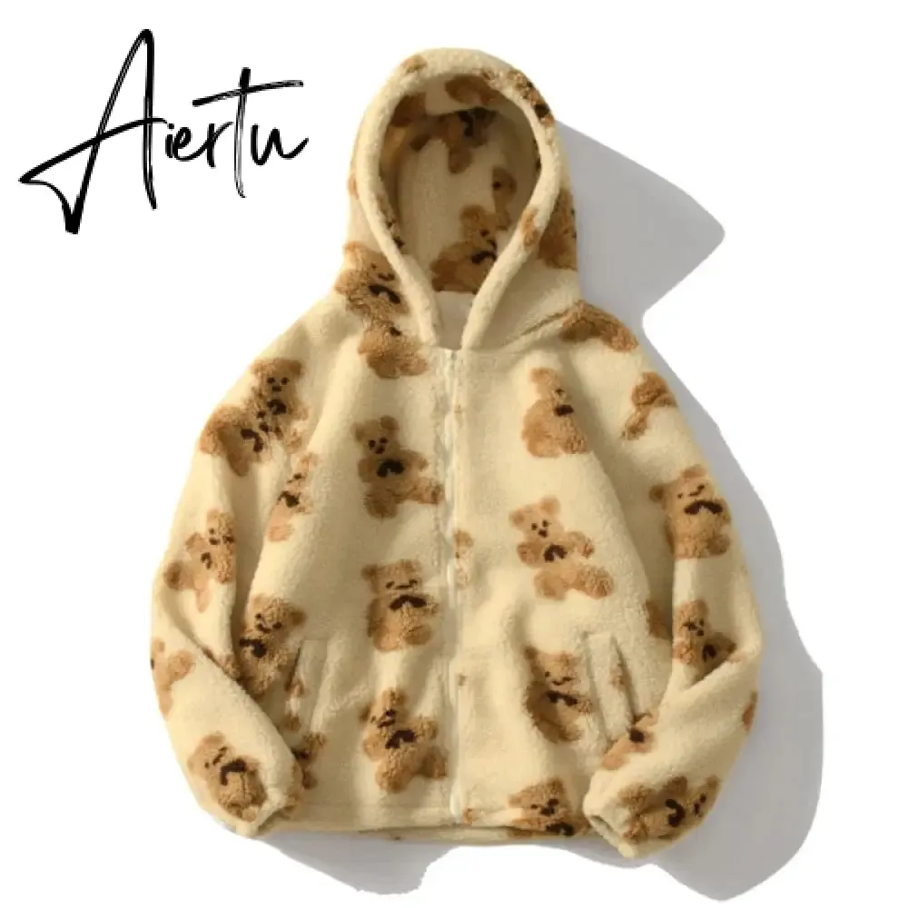 Harajuku Heart-shaped Print Plush Jacket Women Winter Korean Long Sleeve Hooded Coat Thick Warm Couple Streetwear Outerwear