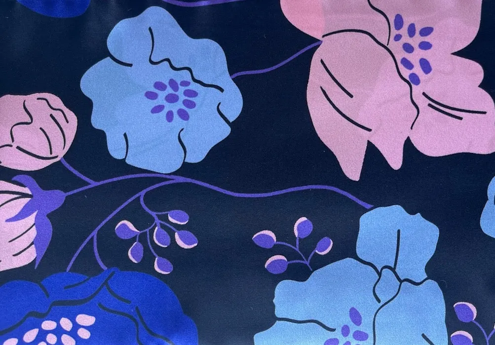 High-End Powder Blue, Rose & Vivid Violet Poppies Stretch Silk Satin Charmeuse (Made in Italy)
