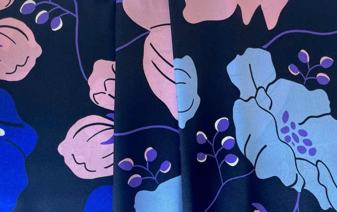 High-End Powder Blue, Rose & Vivid Violet Poppies Stretch Silk Satin Charmeuse (Made in Italy)
