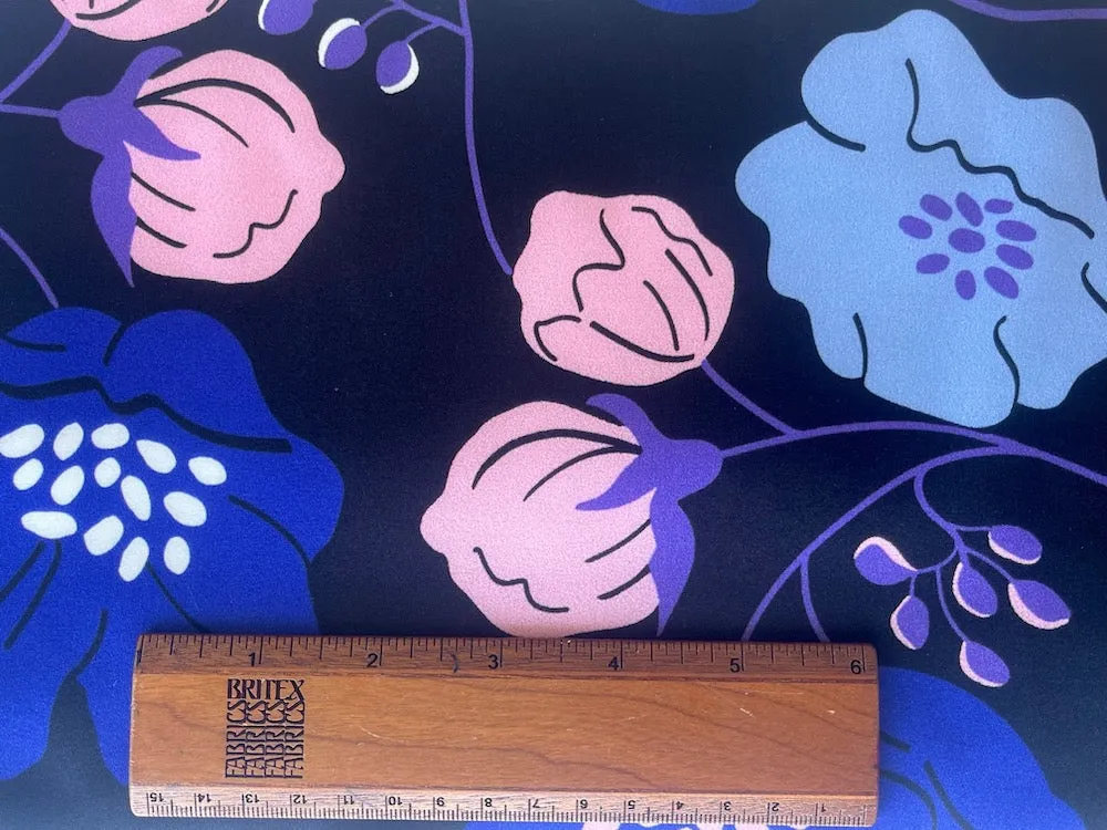 High-End Powder Blue, Rose & Vivid Violet Poppies Stretch Silk Satin Charmeuse (Made in Italy)