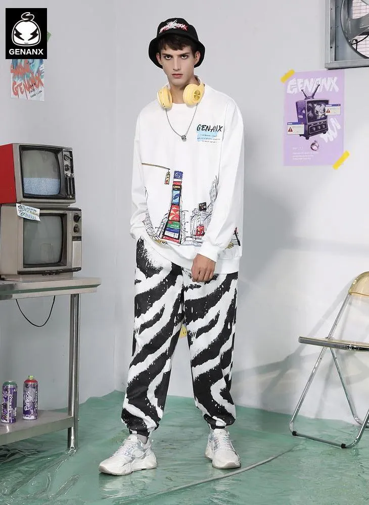 Hip Hop Zebra Print Color Block Loose Pants