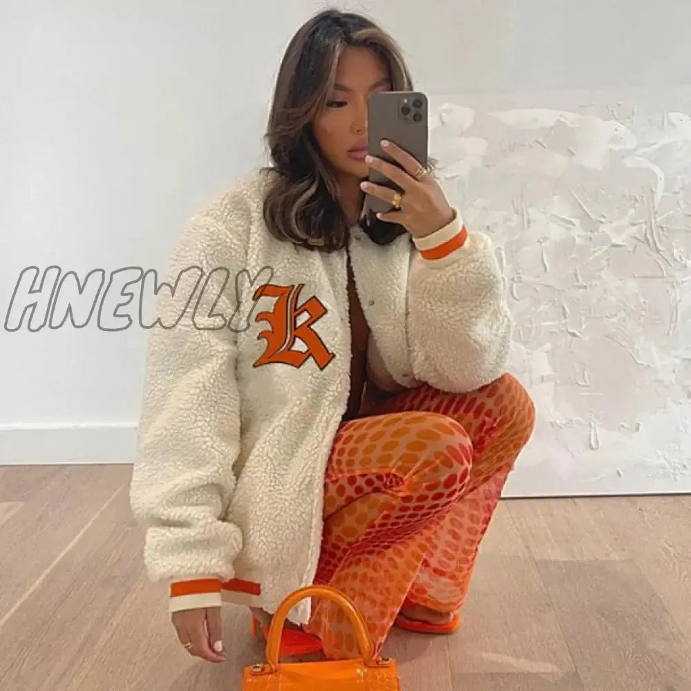 Hnewly Varsity Jackets Women Autumn Winter Fashion Oversized Long Sleeve Bomber Loose Black Baseball Vintage Y2K Coat