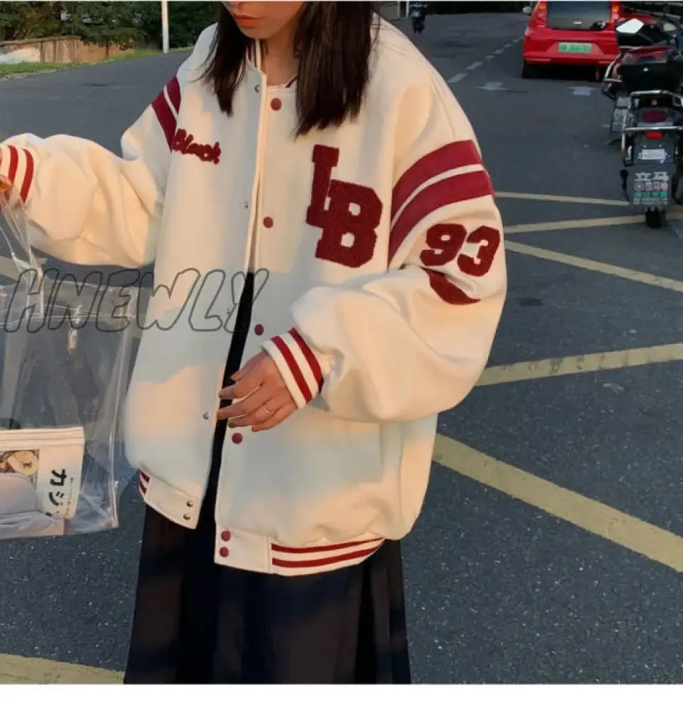 Hnewly Varsity Jackets Women Autumn Winter Fashion Oversized Long Sleeve Bomber Loose Black Baseball Vintage Y2K Coat