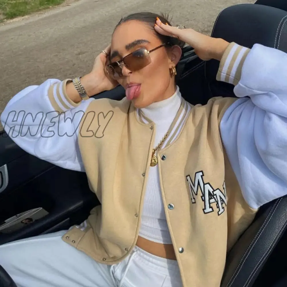 Hnewly Varsity Jackets Women Autumn Winter Fashion Oversized Long Sleeve Bomber Loose Black Baseball Vintage Y2K Coat