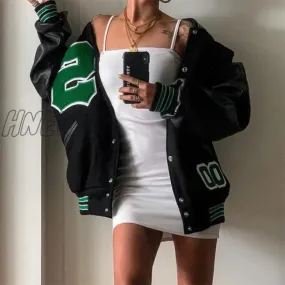 Hnewly Varsity Jackets Women Autumn Winter Fashion Oversized Long Sleeve Bomber Loose Black Baseball Vintage Y2K Coat