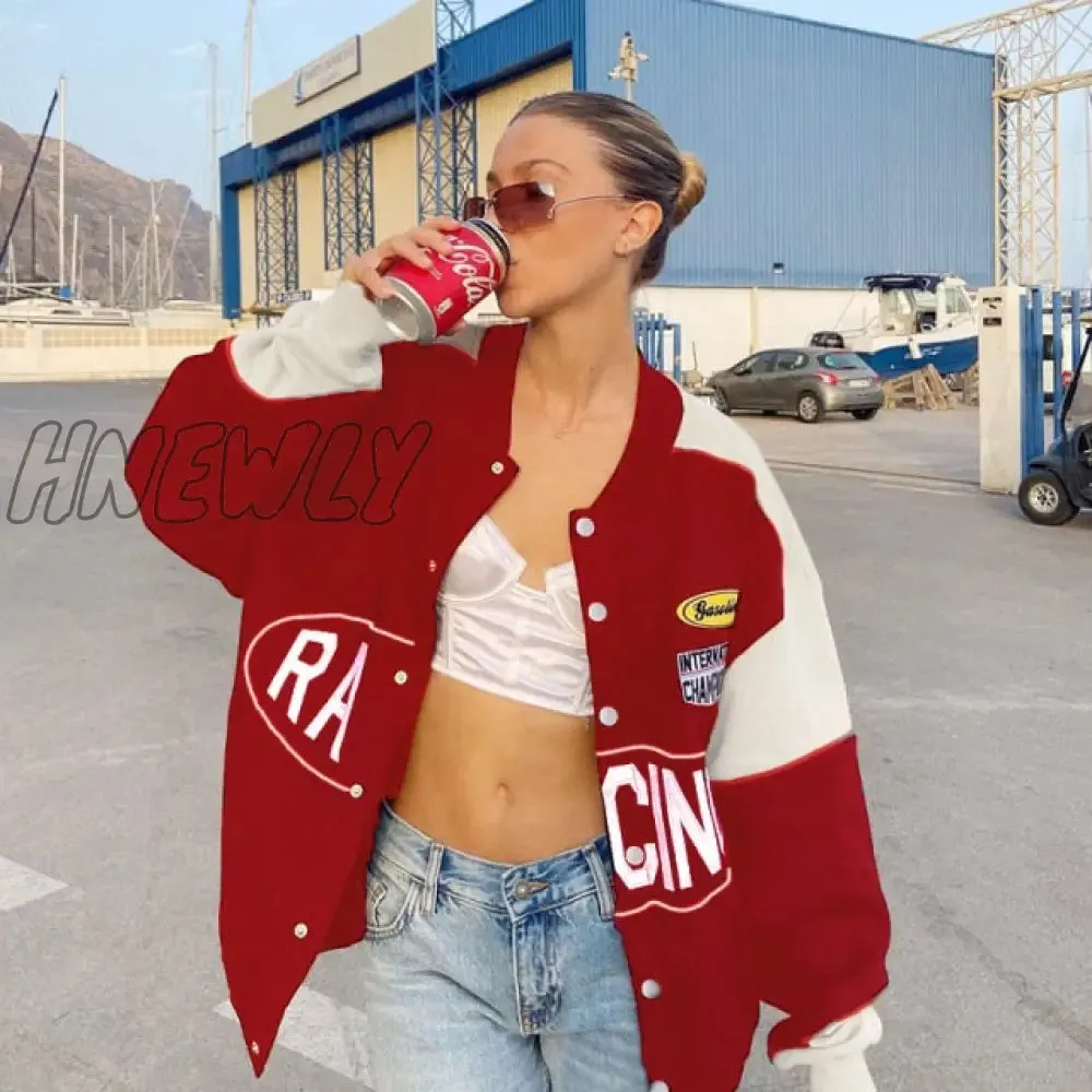 Hnewly Varsity Jackets Women Autumn Winter Fashion Oversized Long Sleeve Bomber Loose Black Baseball Vintage Y2K Coat