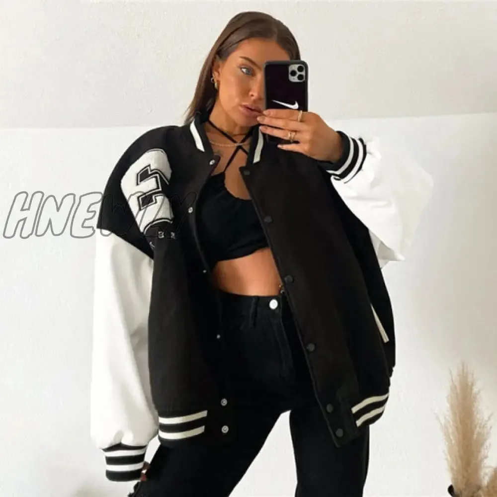 Hnewly Varsity Jackets Women Autumn Winter Fashion Oversized Long Sleeve Bomber Loose Black Baseball Vintage Y2K Coat