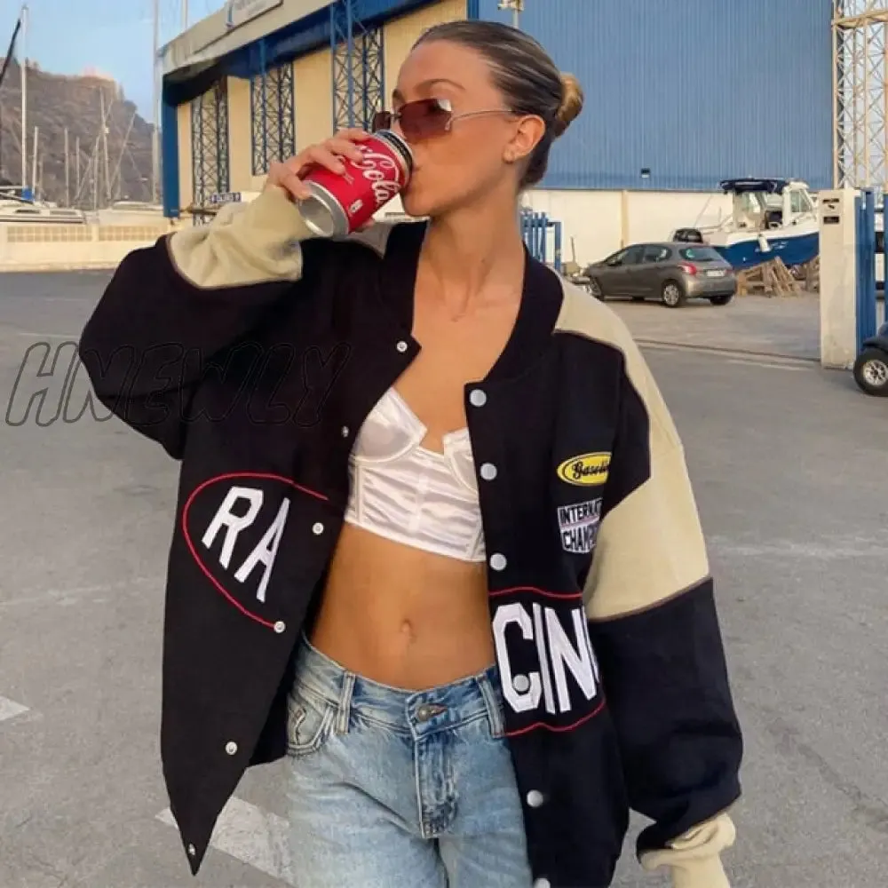 Hnewly Varsity Jackets Women Autumn Winter Fashion Oversized Long Sleeve Bomber Loose Black Baseball Vintage Y2K Coat