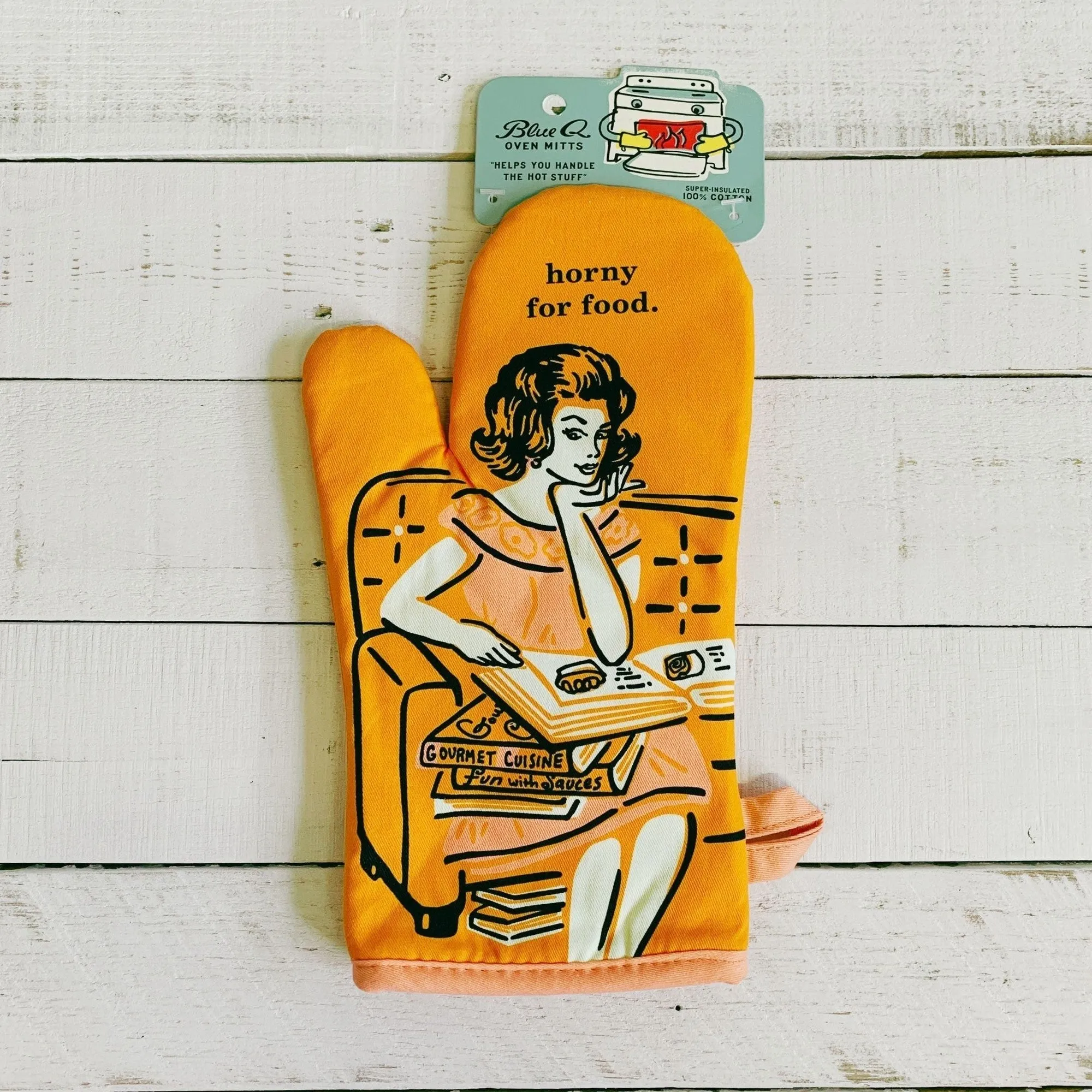 Horny For Food Thermal Oven Mitt in Orange | Kitchen Thermal Single Pot Holder | BlueQ at GetBullish