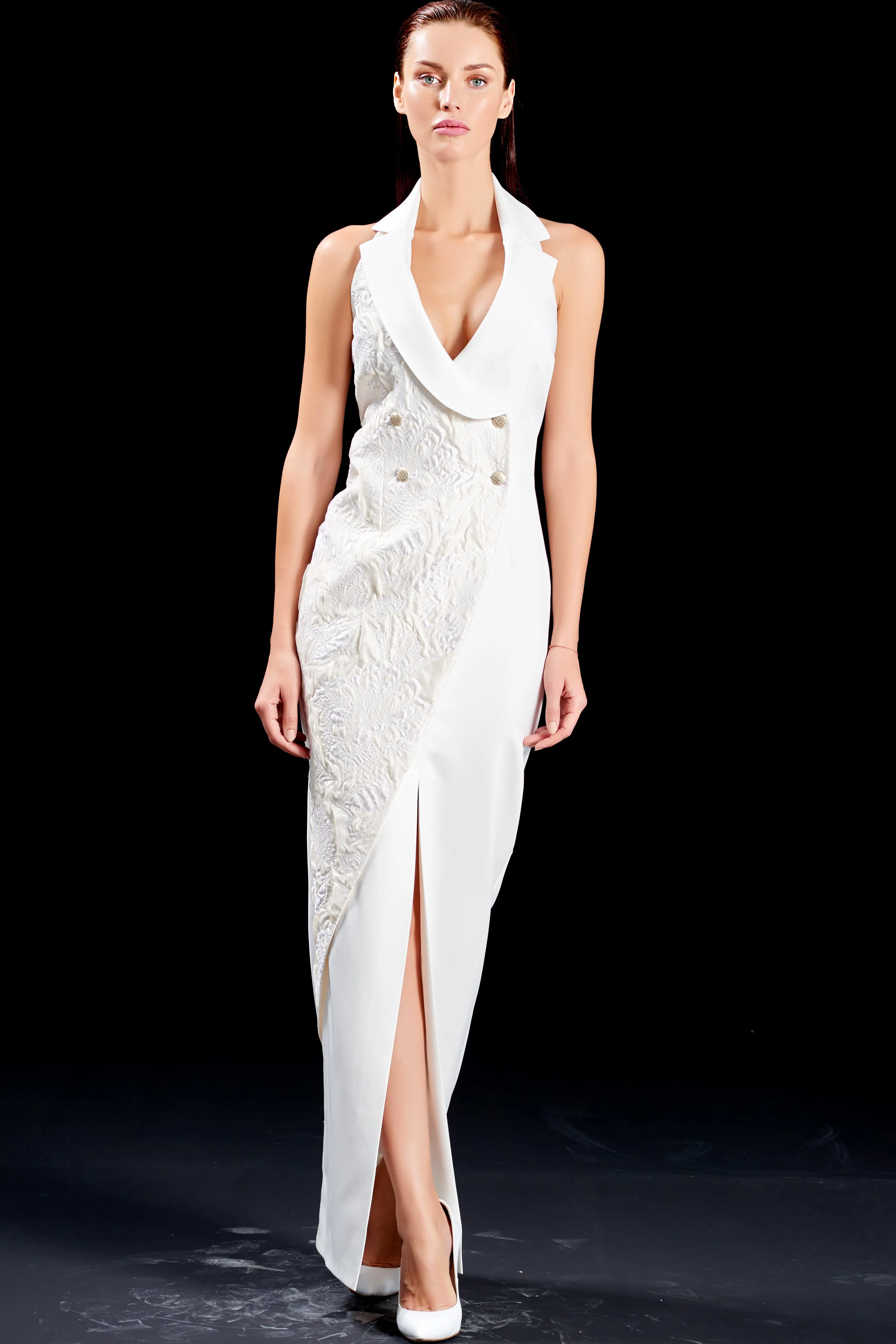 Jacquard and Taffeta Asymmetric Long Dress