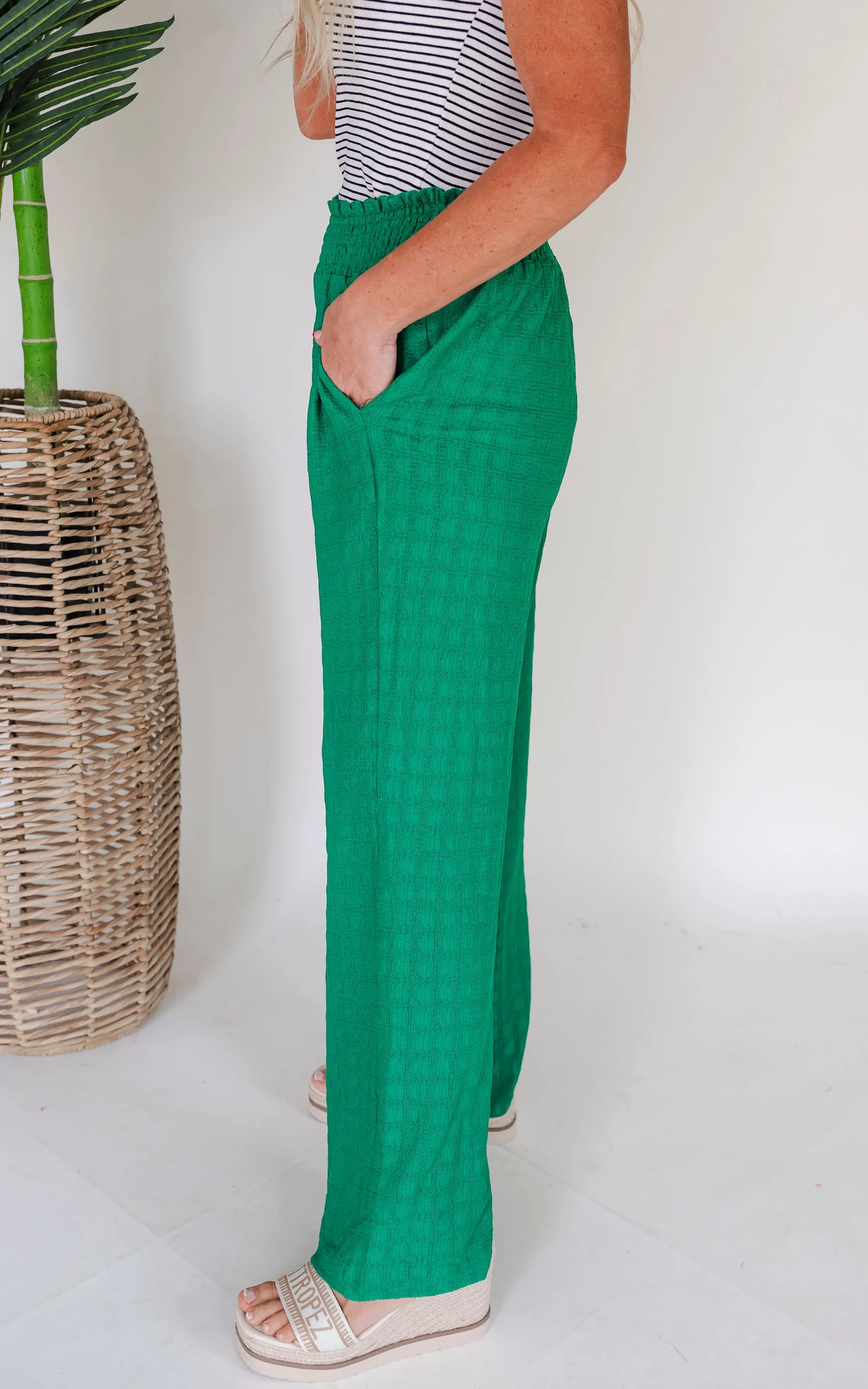 Kelly Green Textured Loose Pants w/ Pockets - Final Sale