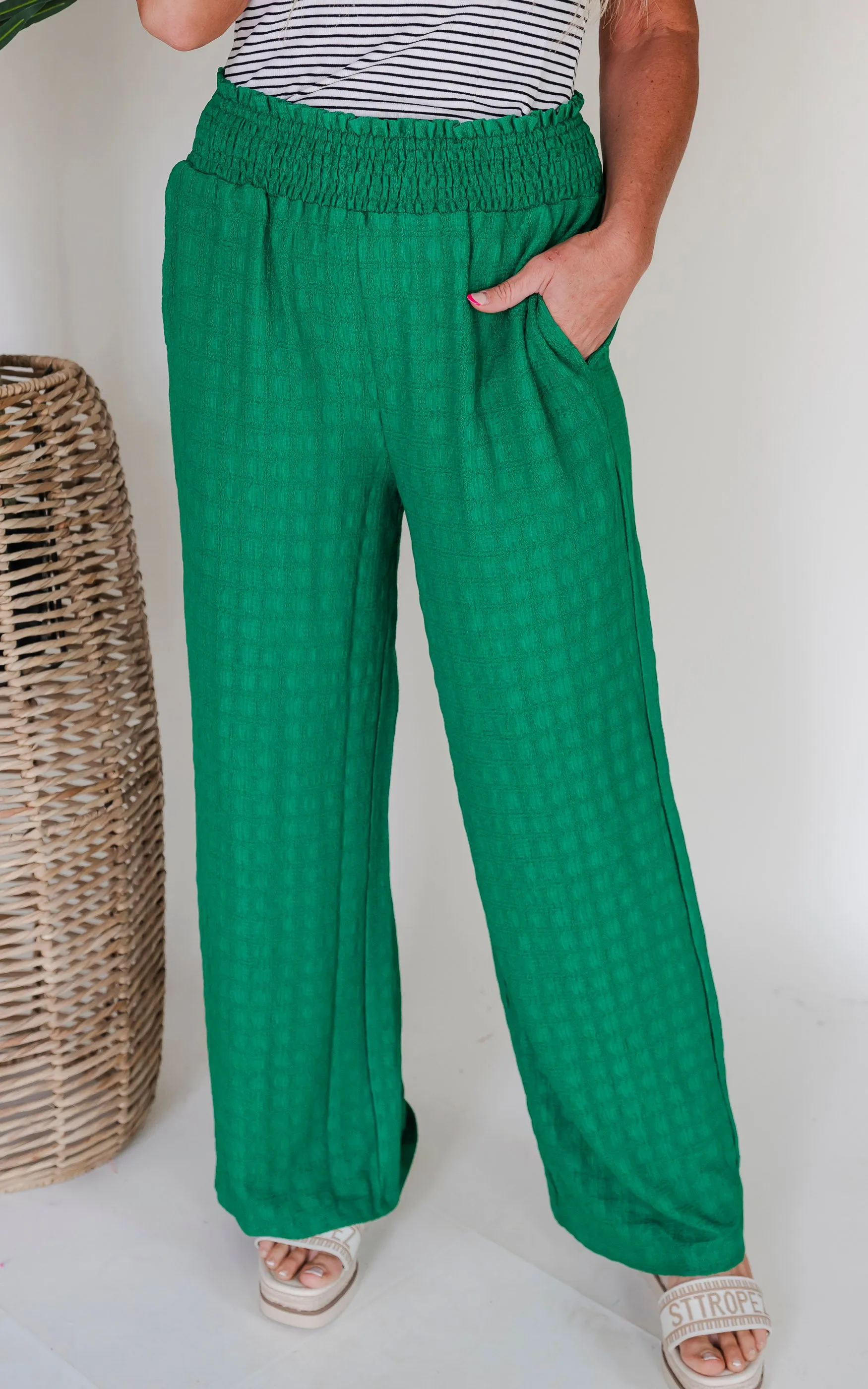 Kelly Green Textured Loose Pants w/ Pockets - Final Sale