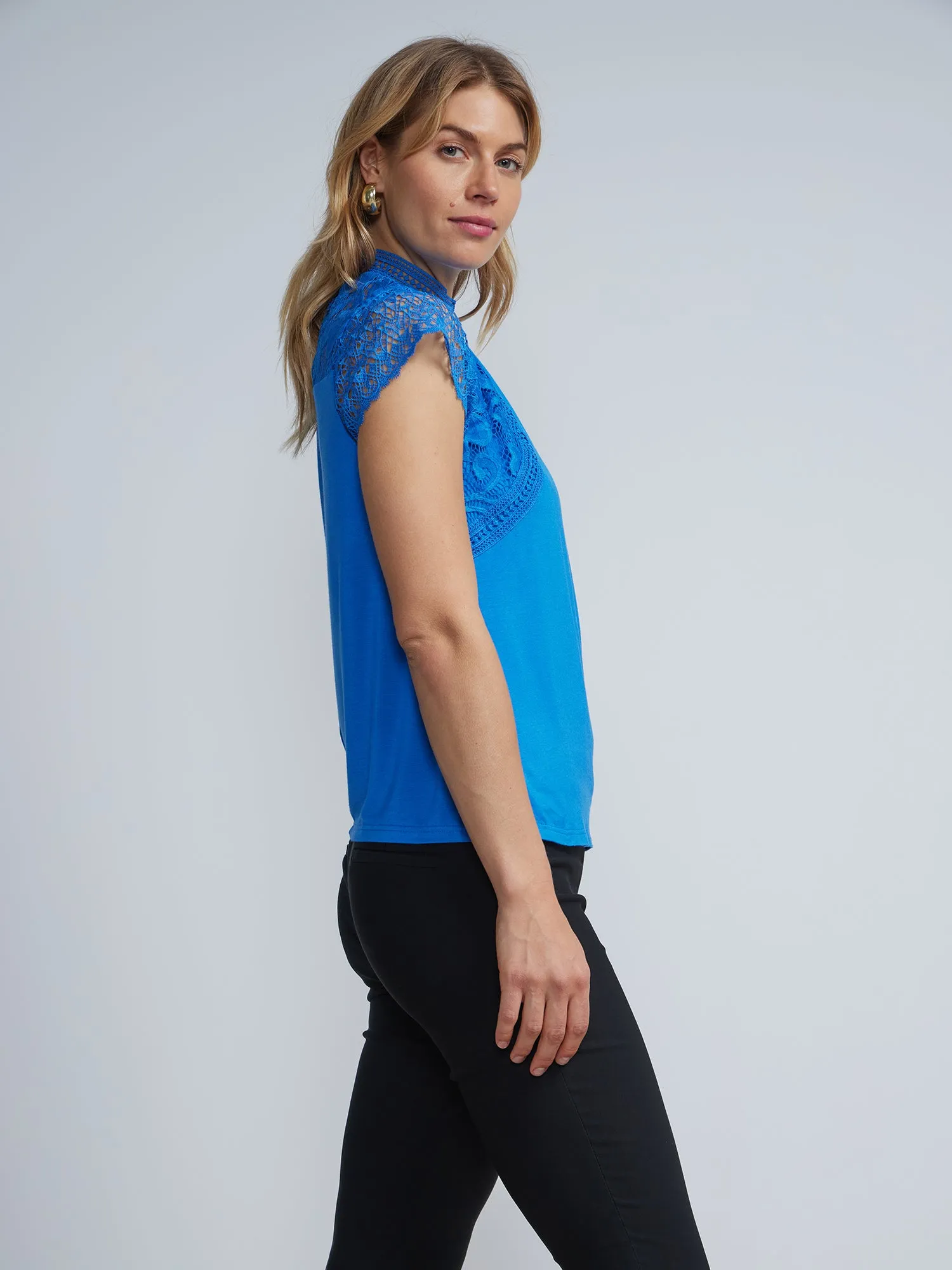 Lace Embroidered Mock Neck Mesh Sleeve Top