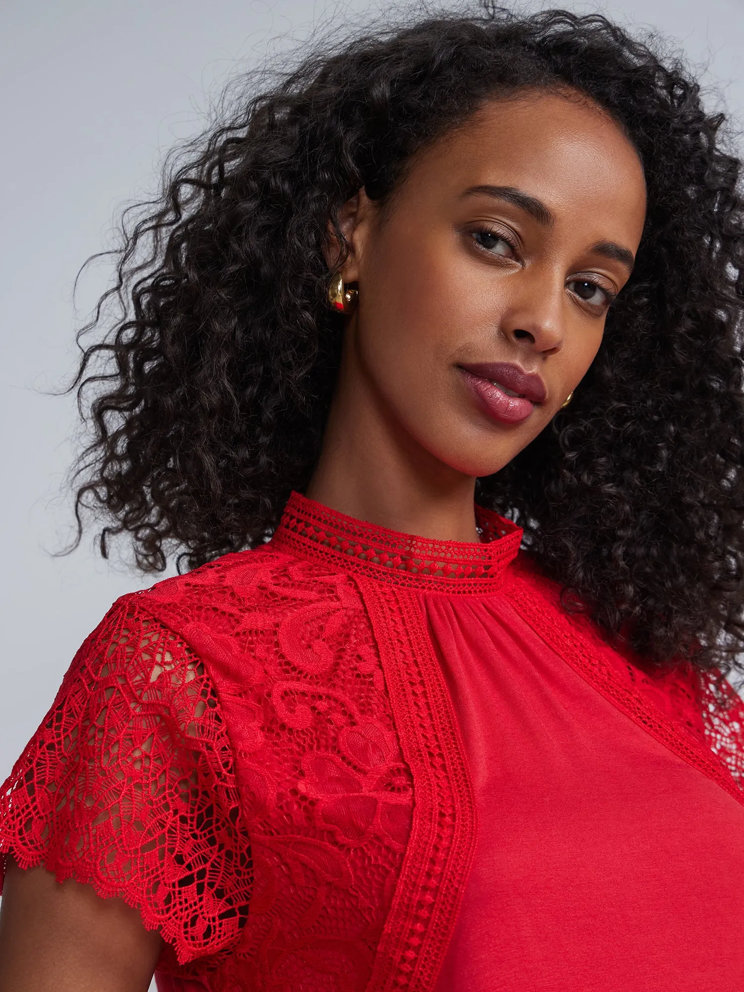 Lace Embroidered Mock Neck Mesh Sleeve Top