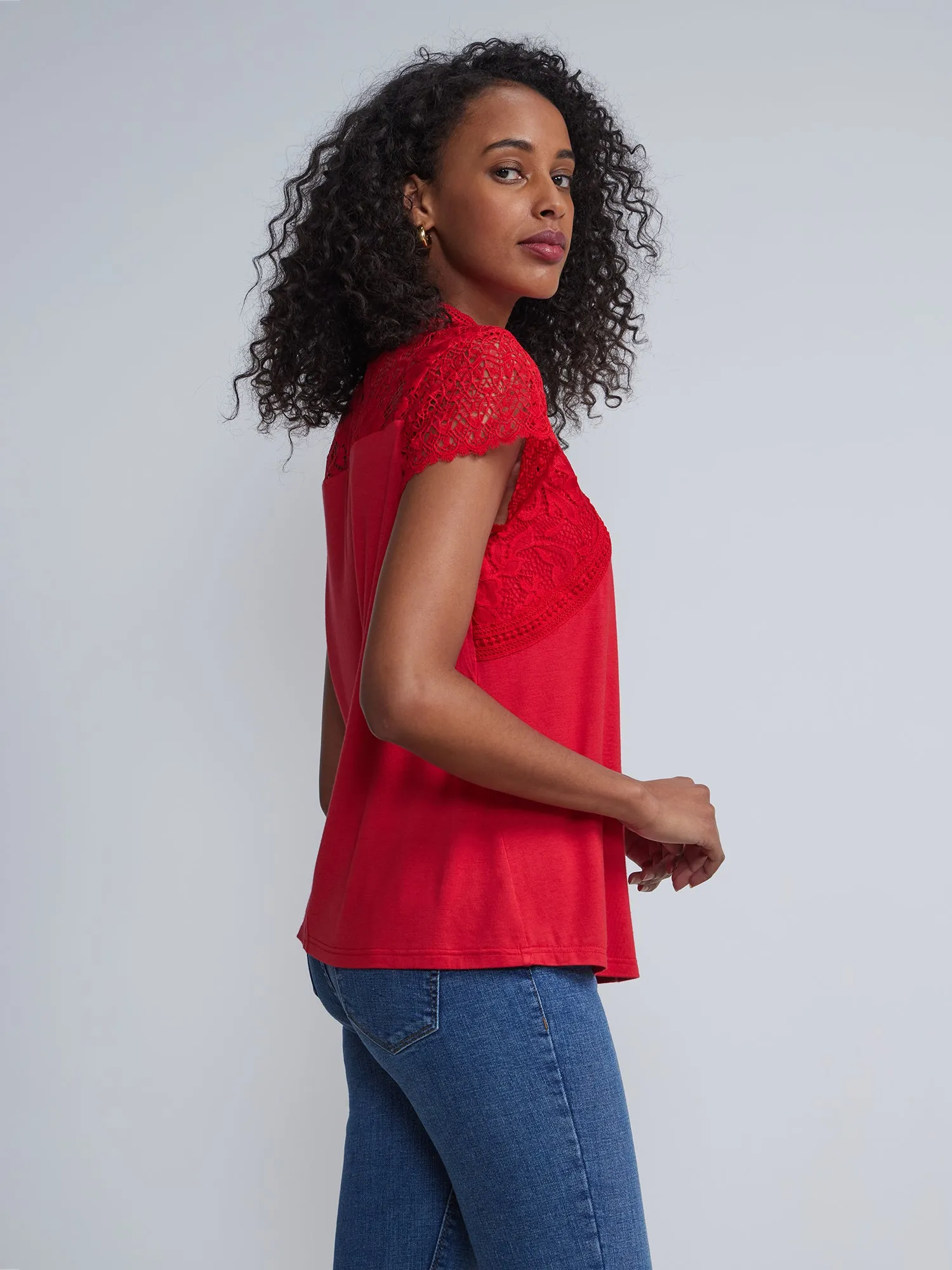 Lace Embroidered Mock Neck Mesh Sleeve Top