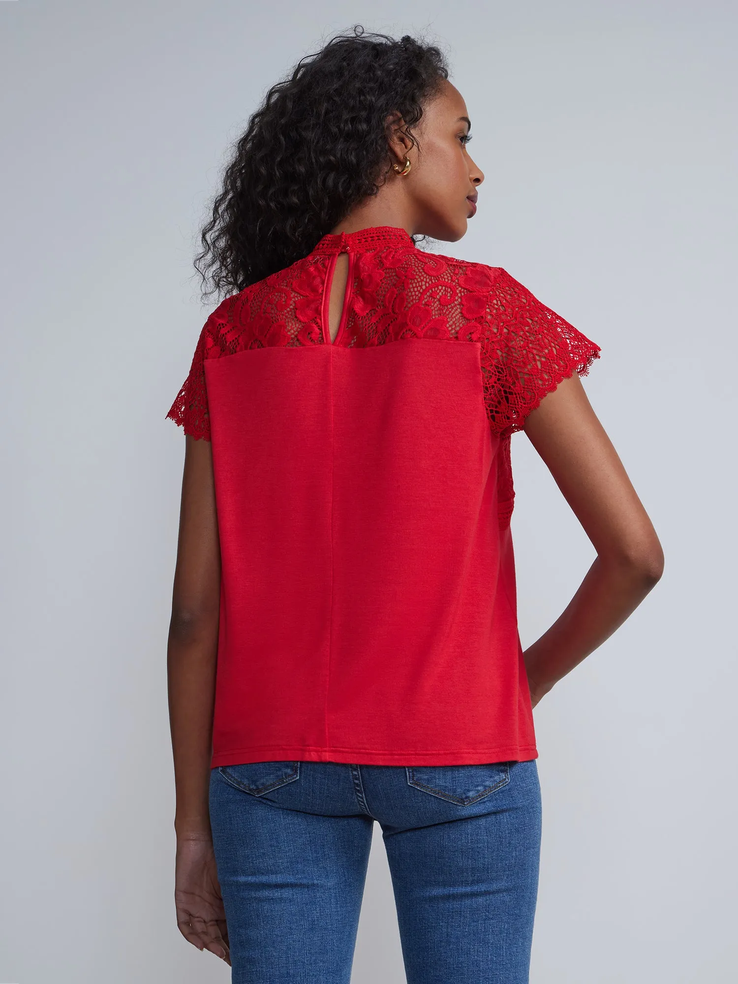 Lace Embroidered Mock Neck Mesh Sleeve Top