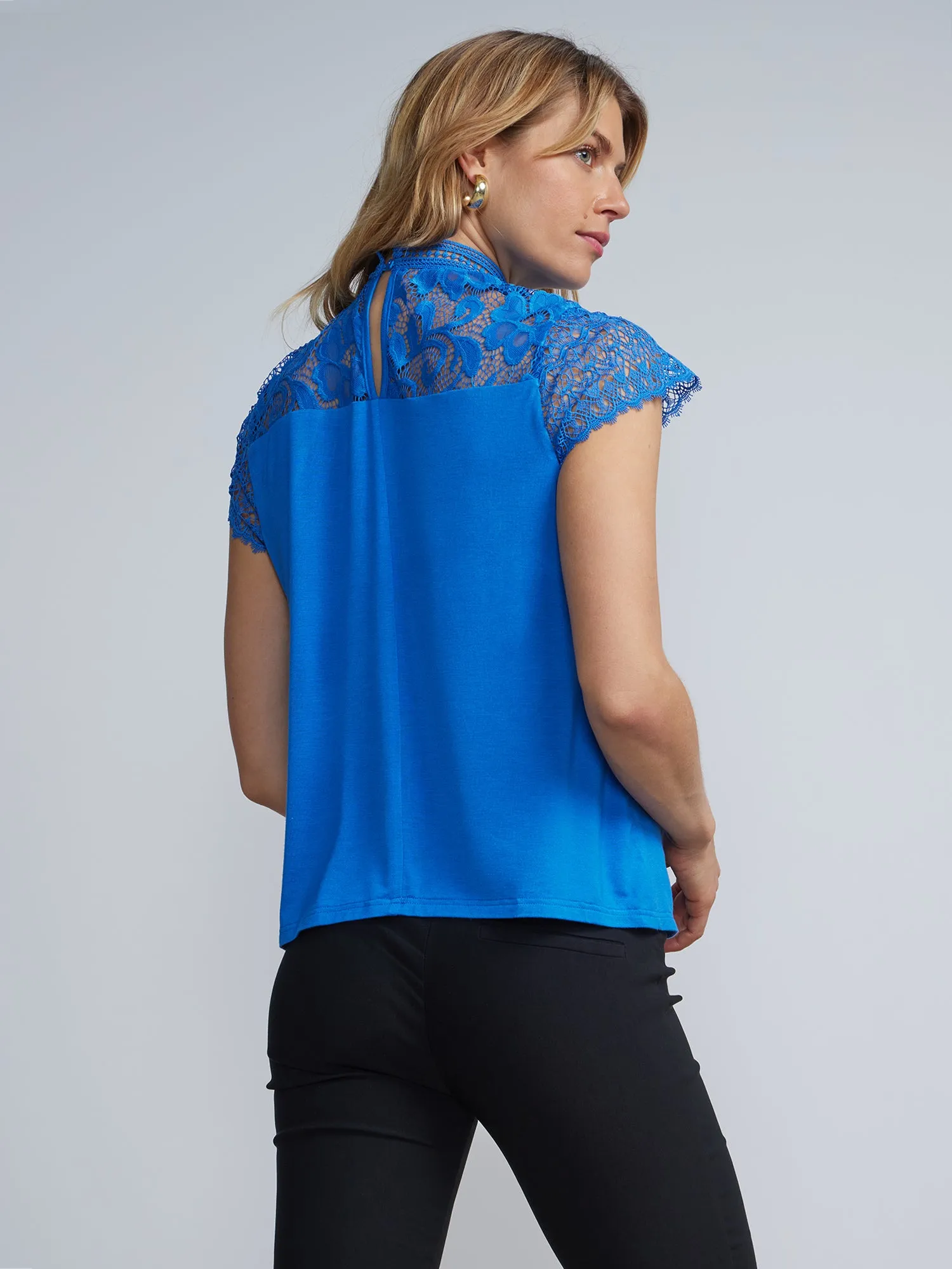 Lace Embroidered Mock Neck Mesh Sleeve Top