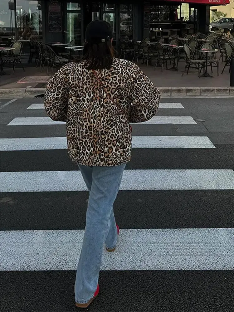 Leopard Print Lace Long Sleeved Quilted Casual Fashion Coats