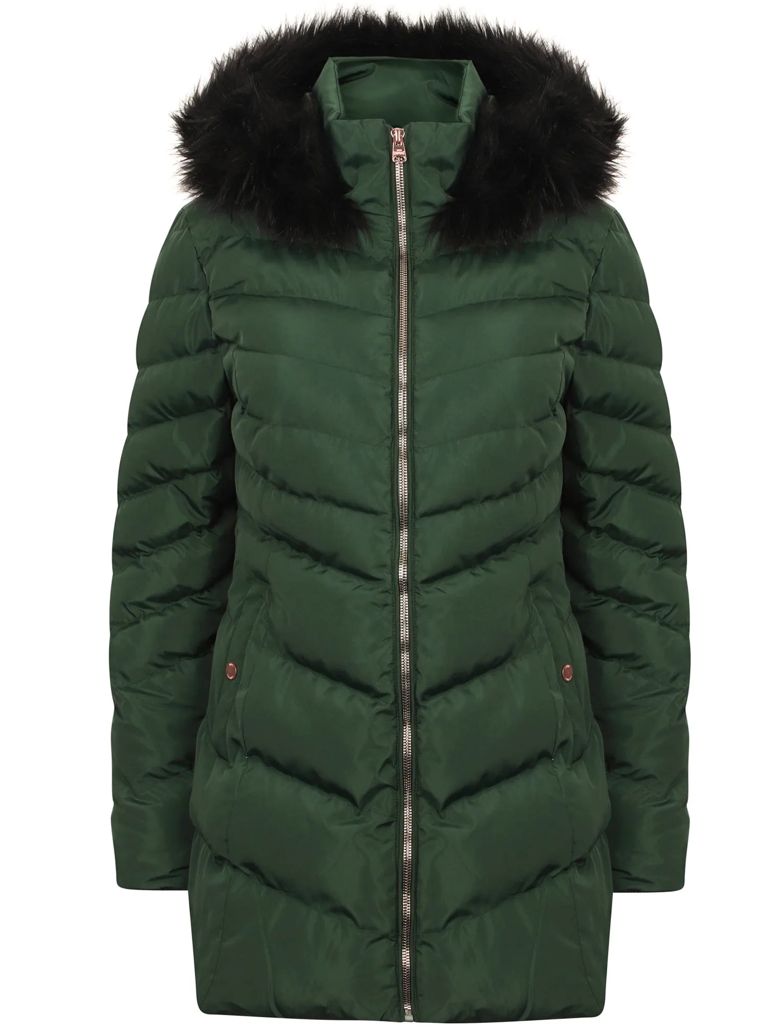 Lotus Longline Quilted Puffer Coat with Faux Fur Trim Hood in Dark Green - Tokyo Laundry